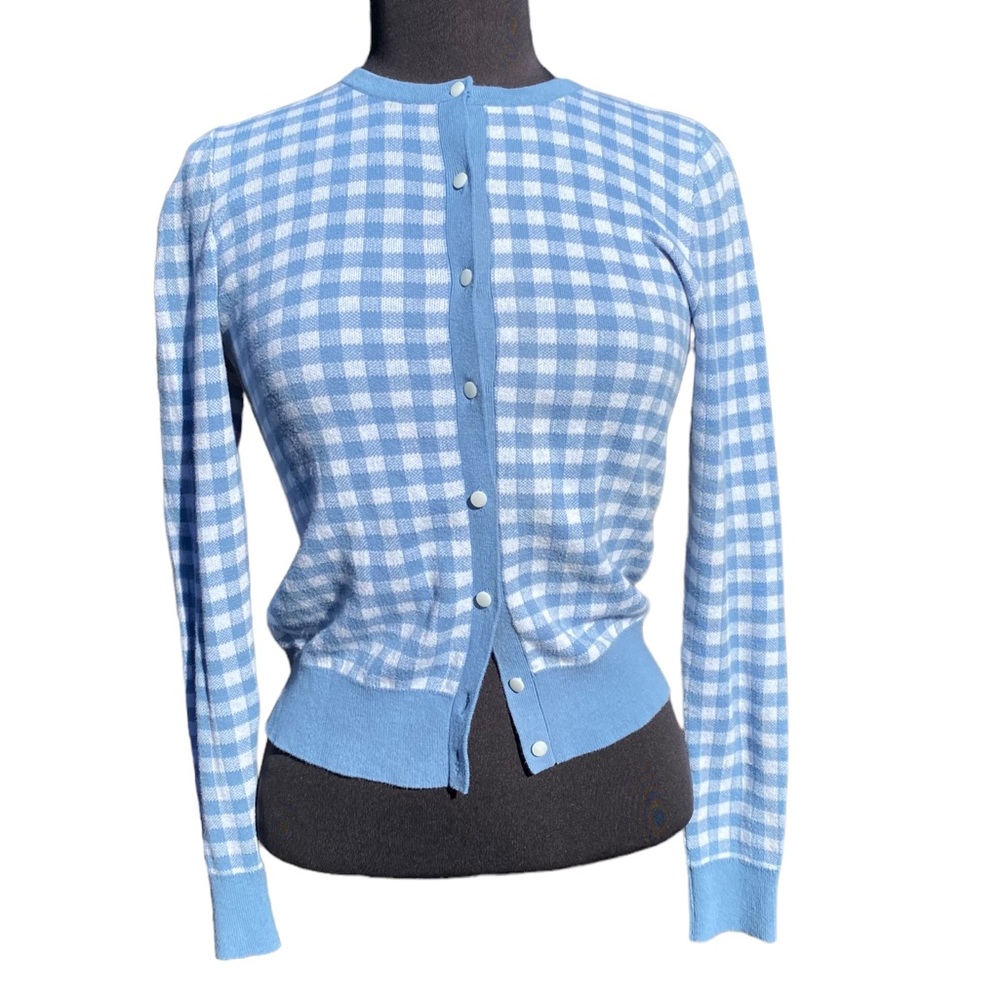 Ann Taylor 100% Cotton Blue and White Checkered Long Sleeve Preppy Cardigan